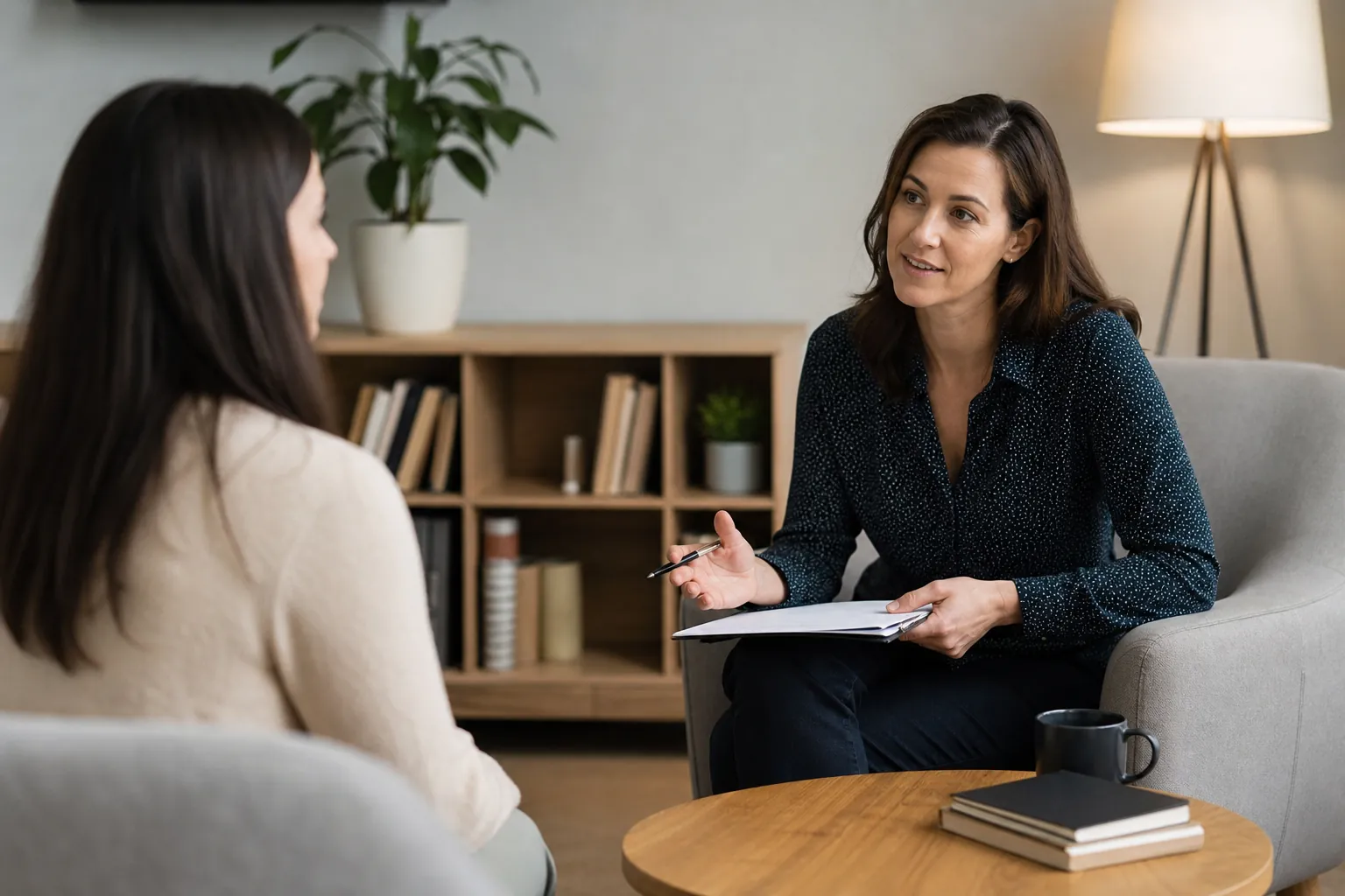 Counseling Conversation in a Comfortable Office A woman holding a pen and clipboard speaks with another woman seated opposite her in a softly lit counseling office.