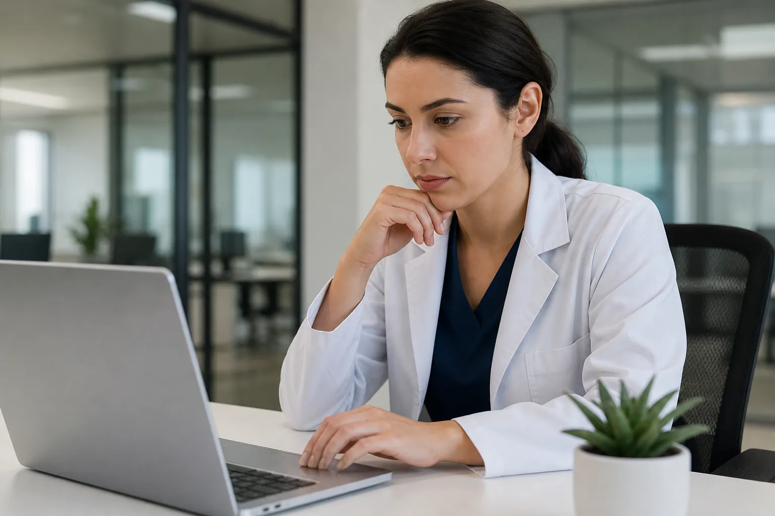 Woman in a white medical coat studies a laptop at a desk, resting one hand beneath her chin beside a potted succulent.