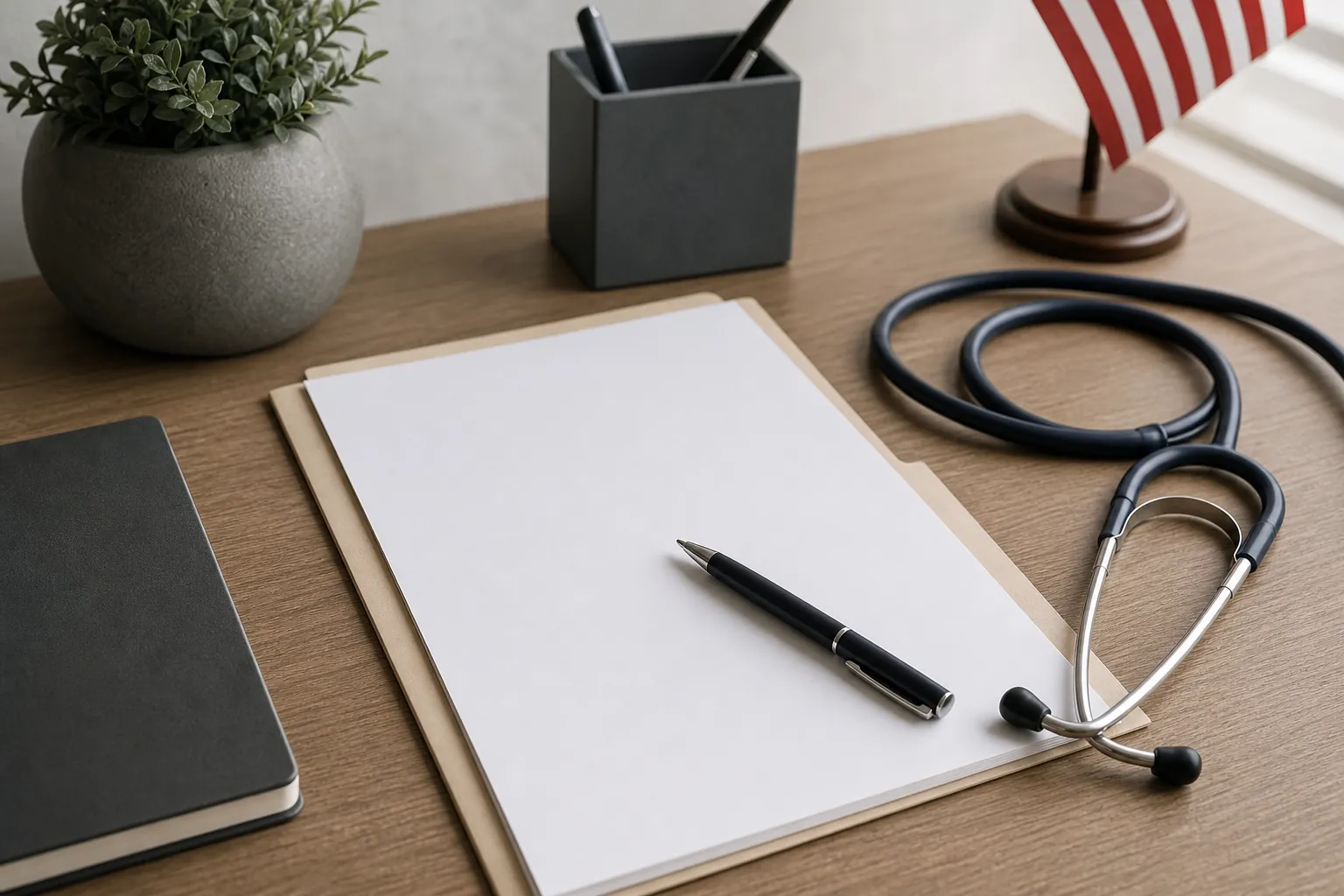 A stethoscope and black pen rest on blank paper on a wooden desk beside a notebook, potted plant, pen holder, and American flag.