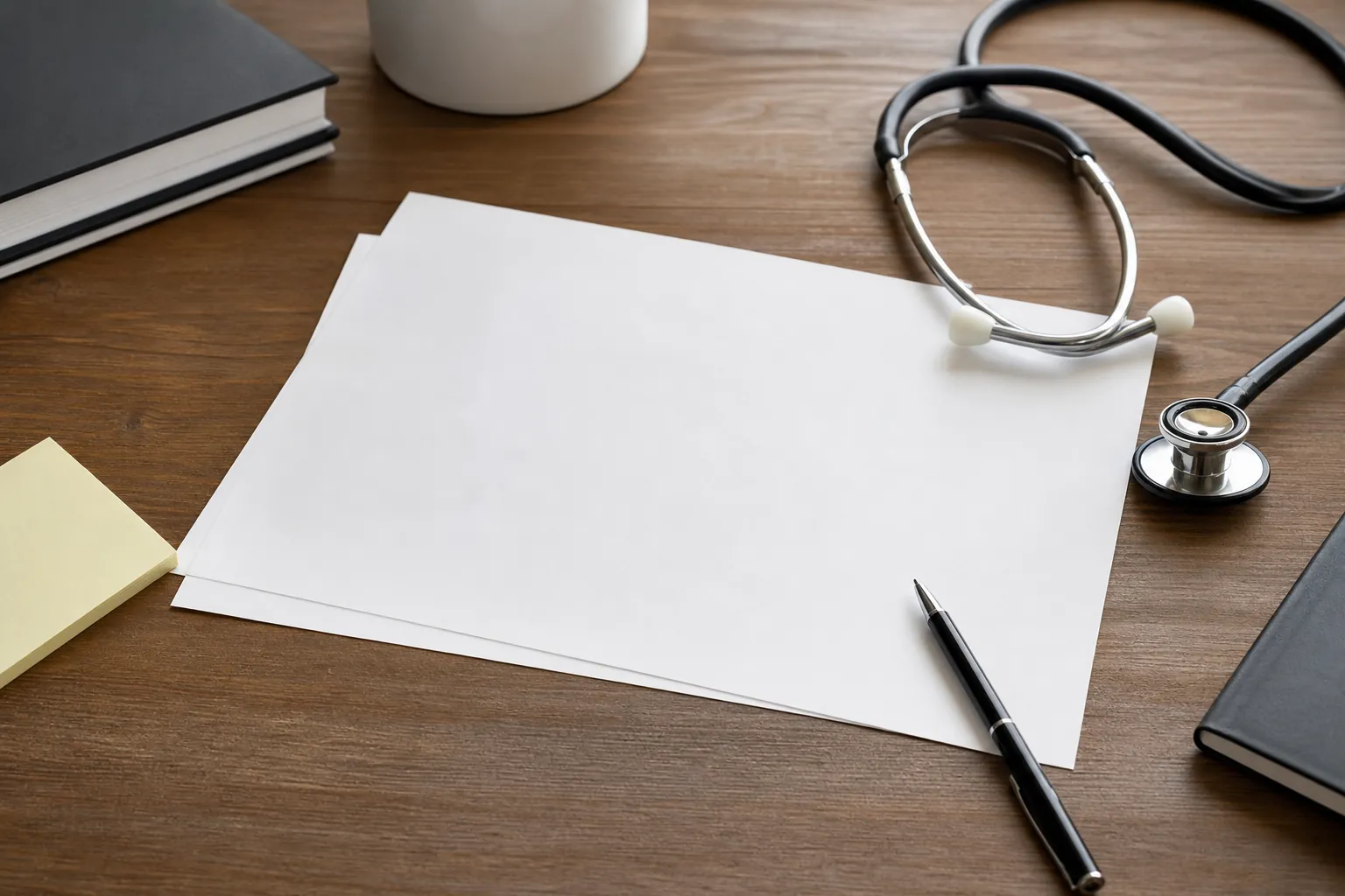 Blank white papers and a black pen on a wooden desk beside a stethoscope, notebooks, yellow sticky notes, and a white cup.