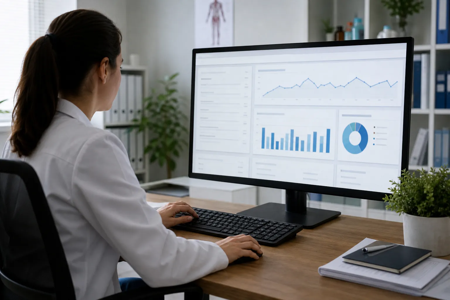 A woman in a white coat uses a desktop computer displaying line, bar and doughnut charts in a medical office.