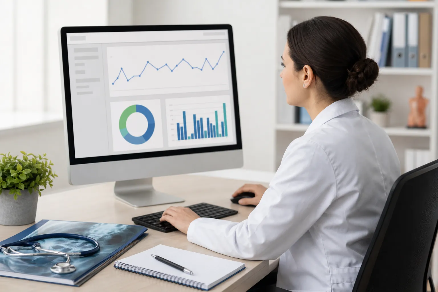 Healthcare Professional Reviewing Dashboard Charts A woman in a white coat views charts on a desktop monitor, with a stethoscope, X-rays and notebook on her desk.