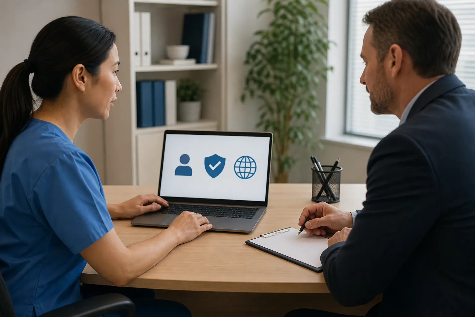 Healthcare Staff Reviewing Website Account Security A woman in blue scrubs and a man in a suit sit at a desk with a laptop showing user, shield checkmark, and globe icons.