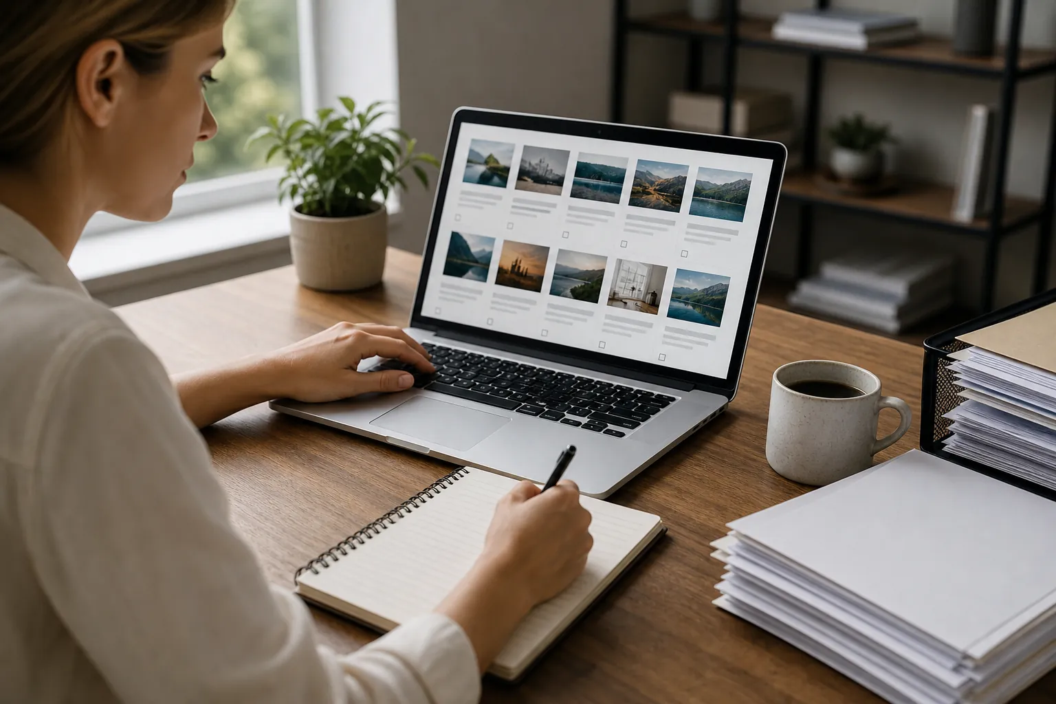 Reviewing a Content Inventory on a Laptop A woman holds a pen over a notebook beside a laptop displaying a grid of image thumbnails, stacked papers, and a mug.