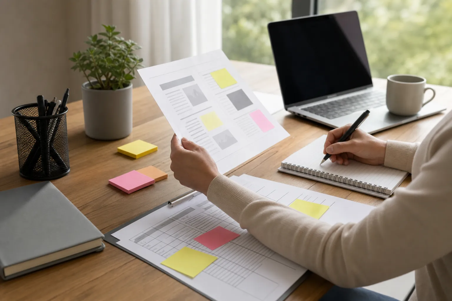 A person holds a printed page and writes in a spiral notebook at a wooden desk with a laptop, papers, and colorful sticky notes.