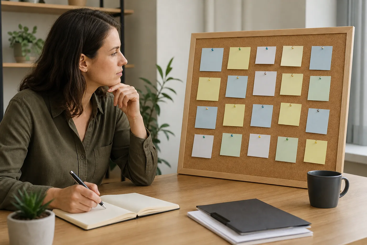 Woman Reviewing a Corkboard of Pastel Notes A woman holds a pen over an open notebook while looking at a corkboard arranged with rows of blank pastel notes.
