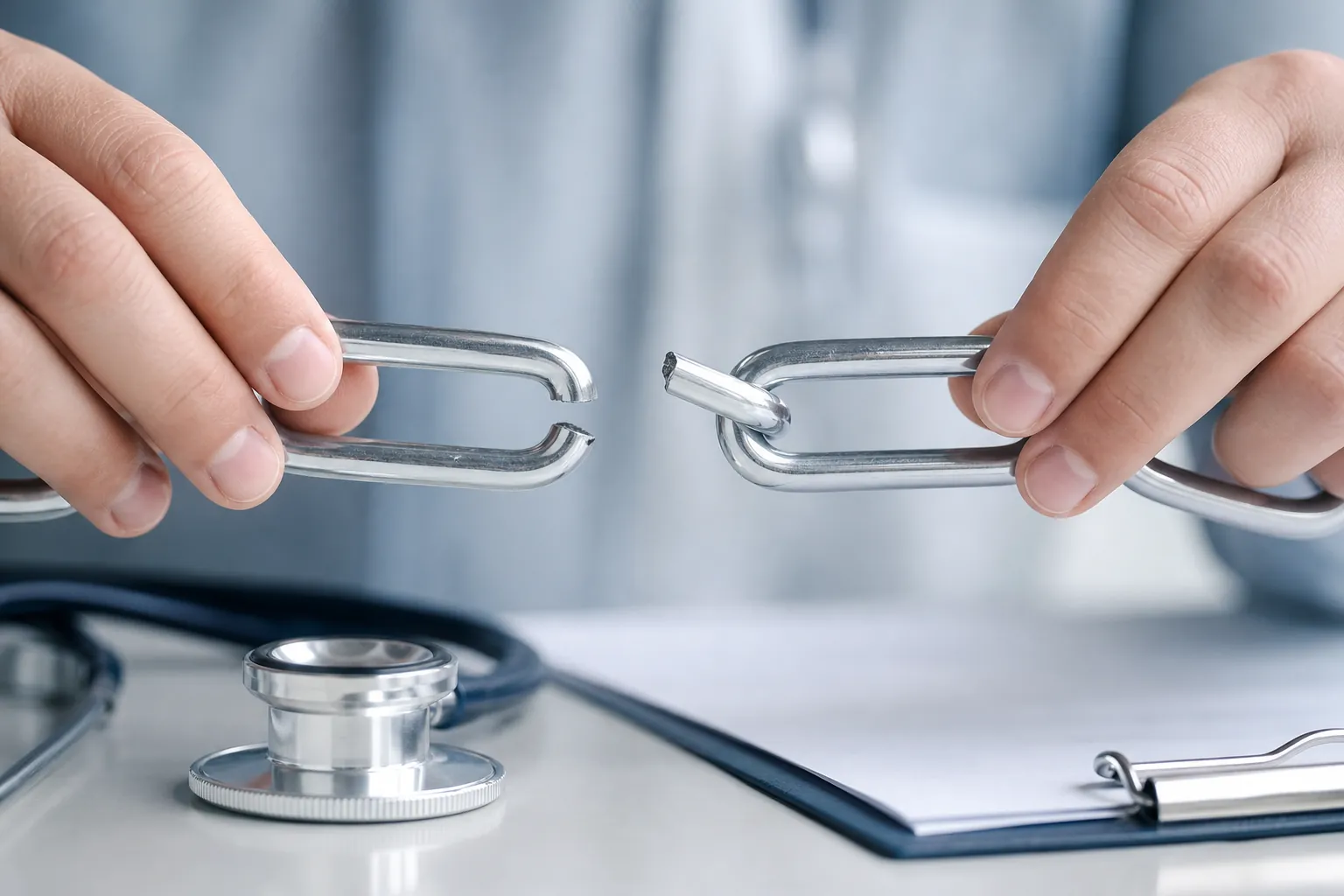 Hands hold separated metal chain links above a desk with a stethoscope and clipboard, illustrating broken links in healthcare.