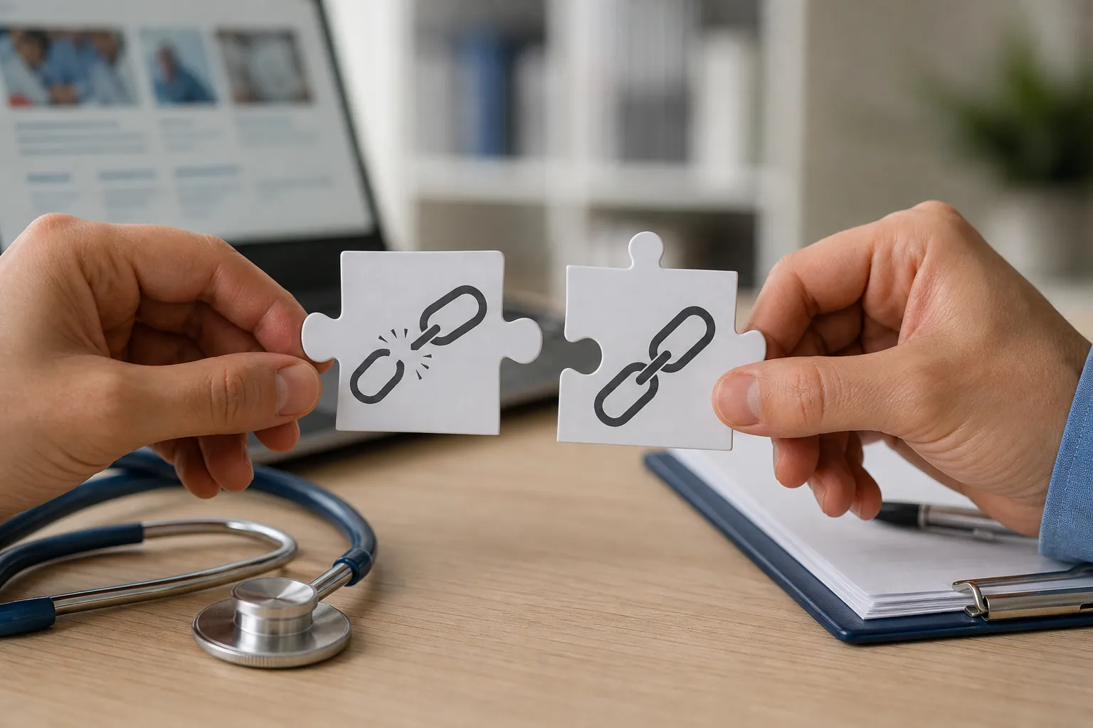 Hands hold puzzle pieces with broken and intact chain symbols above a desk with a stethoscope, laptop, and clipboard.