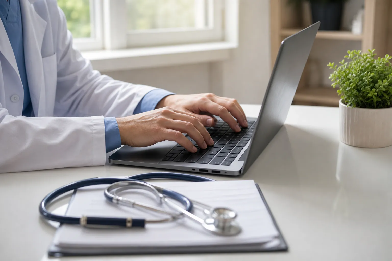 A person in a white medical coat types on a laptop beside a stethoscope resting on paperwork and a potted plant.