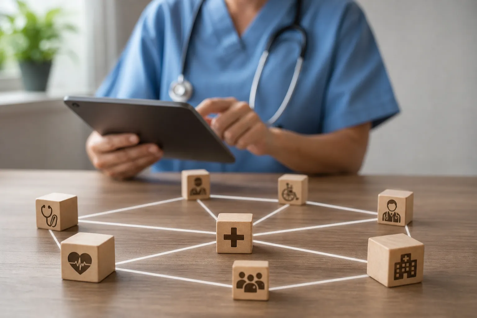 Connected Healthcare Services and Medical Symbol Blocks Healthcare worker in blue scrubs holds a tablet behind wooden medical symbol blocks connected by white lines on a desk.