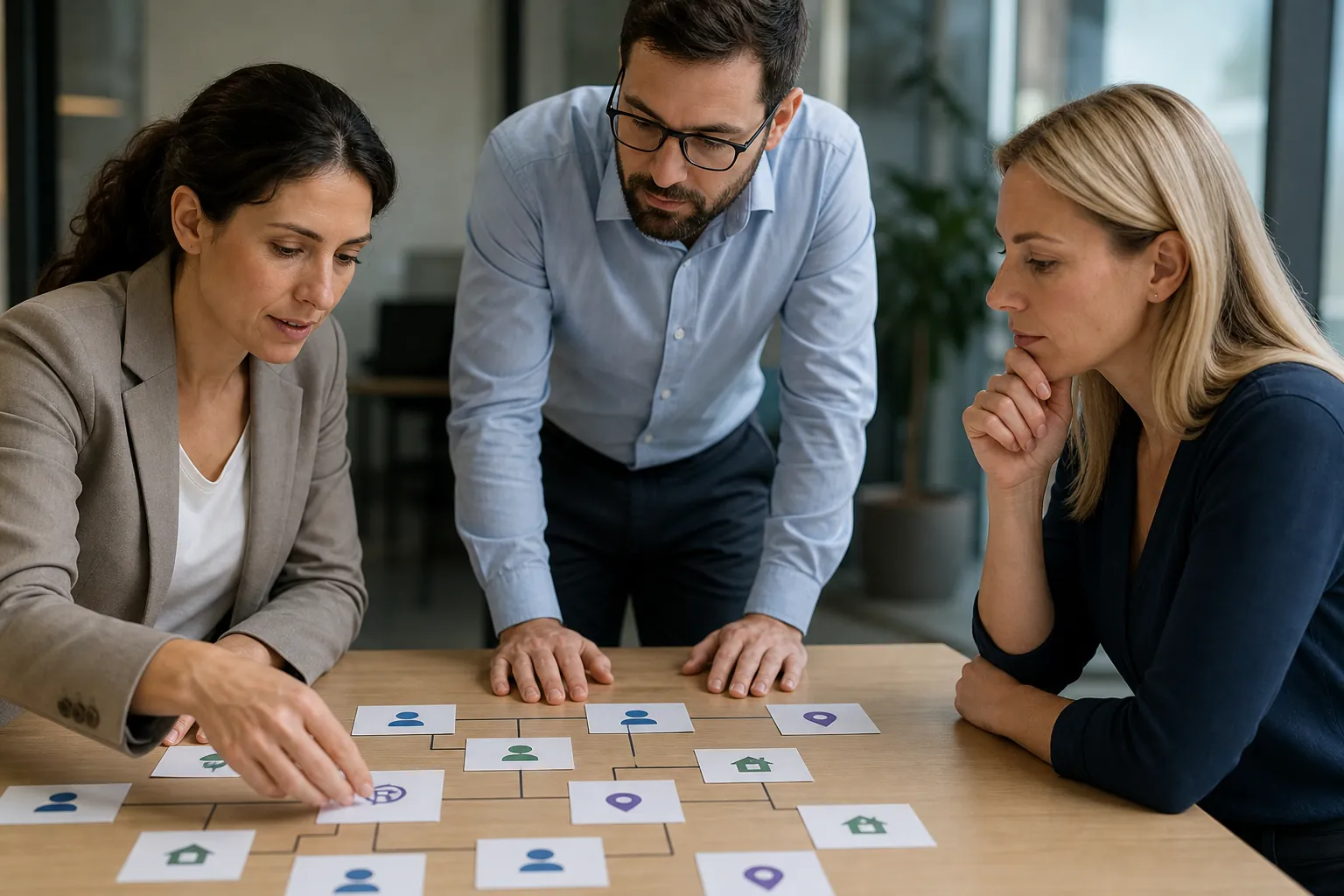 Team Reviewing a Service, Provider, and Location Map Three colleagues study connected cards with person, building, and location pin icons arranged on a wooden table.
