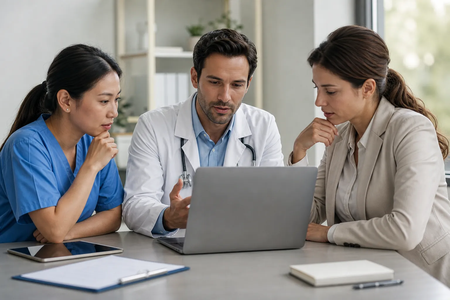 Healthcare Team Reviewing a Laptop Together A doctor with a stethoscope, a woman in blue scrubs, and a woman in a beige blazer review a laptop at a table.