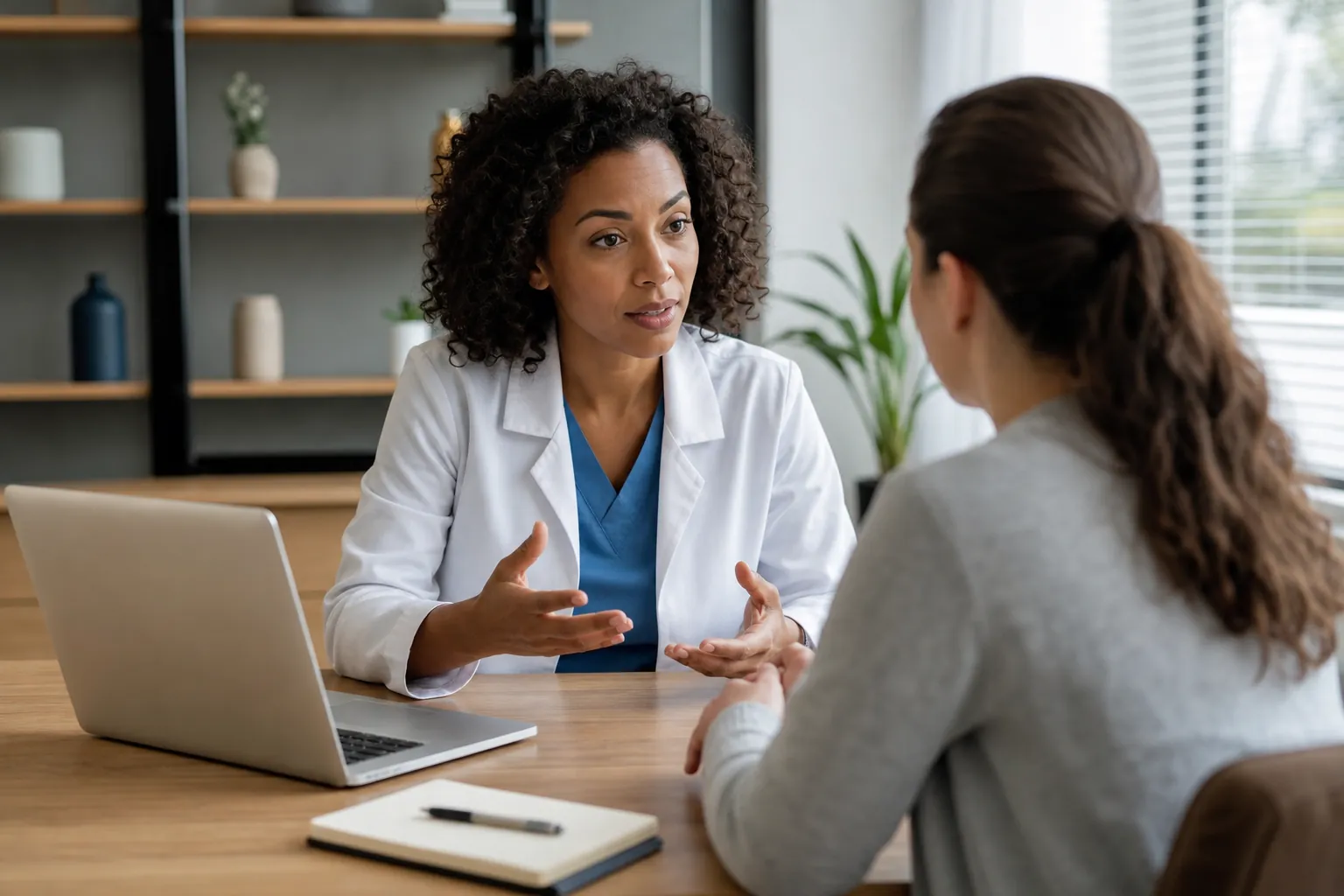A doctor in a white coat gestures while speaking with a patient across a desk with a laptop, notebook and pen.