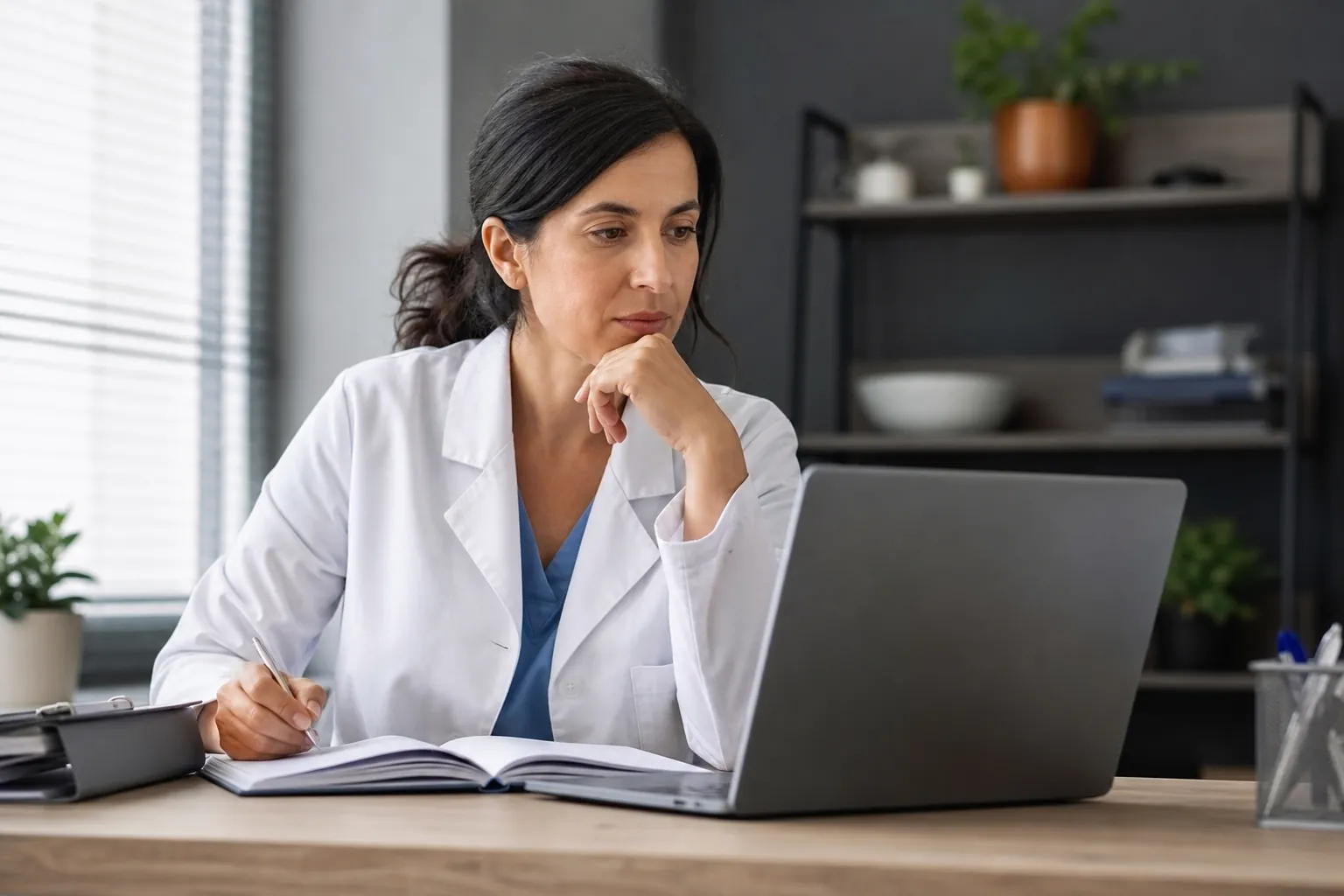 A woman in a white medical coat looks at a laptop with her chin resting on one hand and a pen poised over an open notebook.