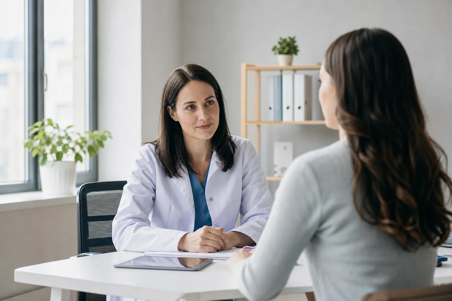 A doctor in a white coat consults with a woman across a desk with a tablet in a bright medical office.