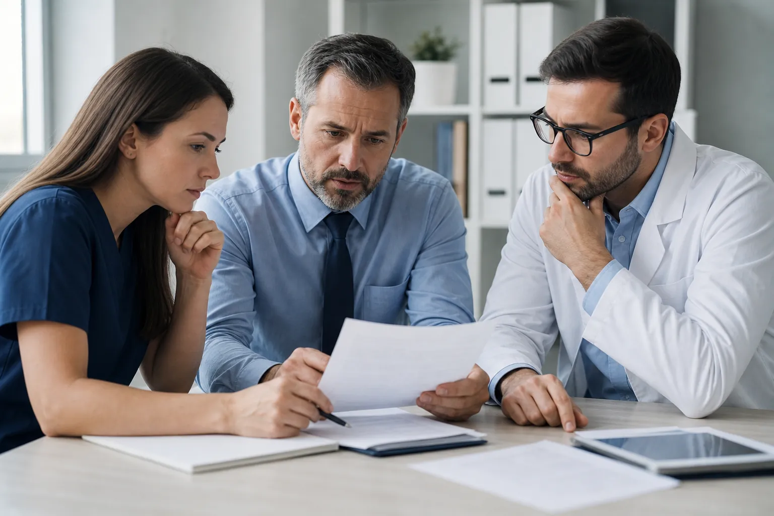 A woman in navy scrubs, a man in a blue shirt, and a doctor in a white coat review paperwork at a desk with a tablet.