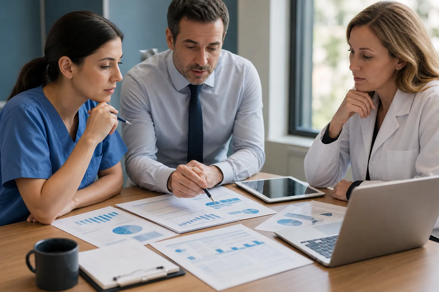 Two healthcare professionals and a man in a tie review printed charts at a table with a laptop and tablet.