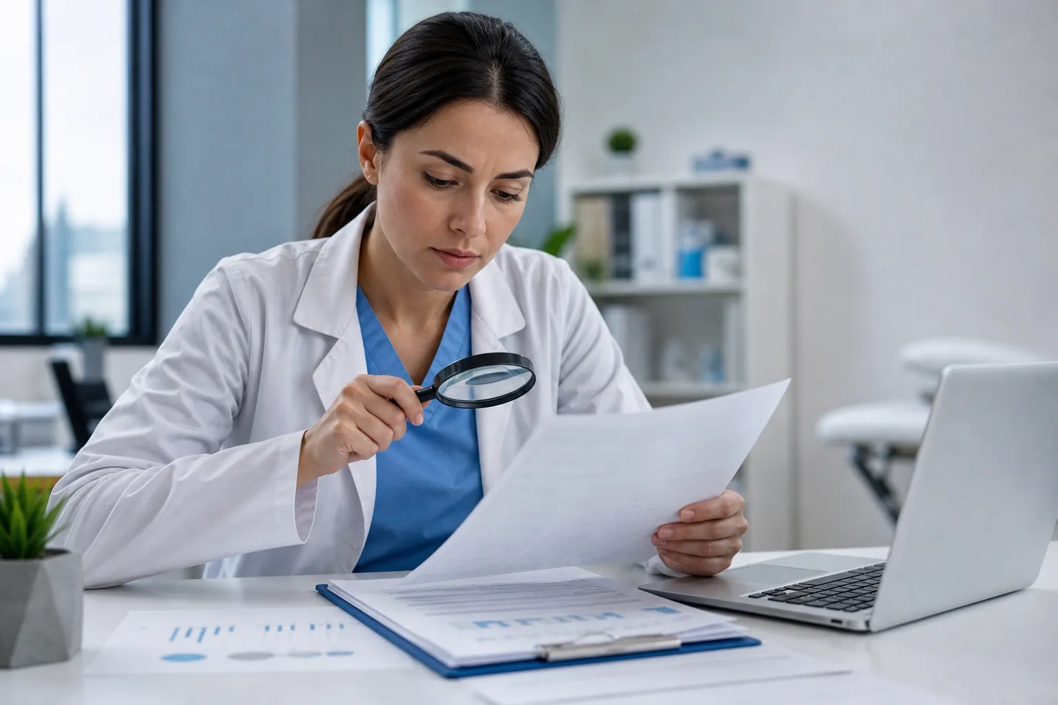 A woman in a white medical coat examines a sheet with a magnifying glass beside a laptop and charts on a desk.
