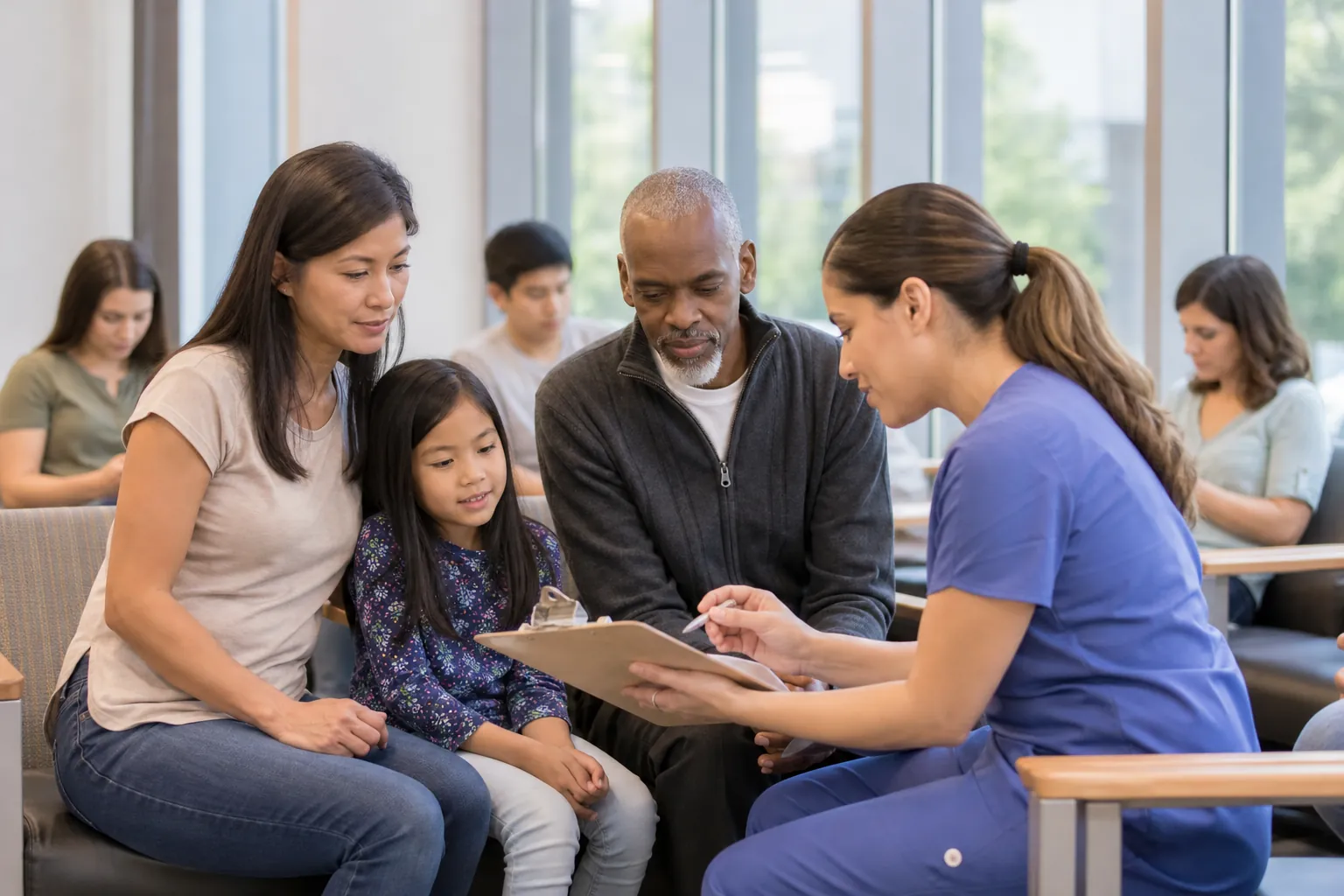 A healthcare worker in blue scrubs reviews a clipboard with a woman, a young girl, and an older man in a waiting room.