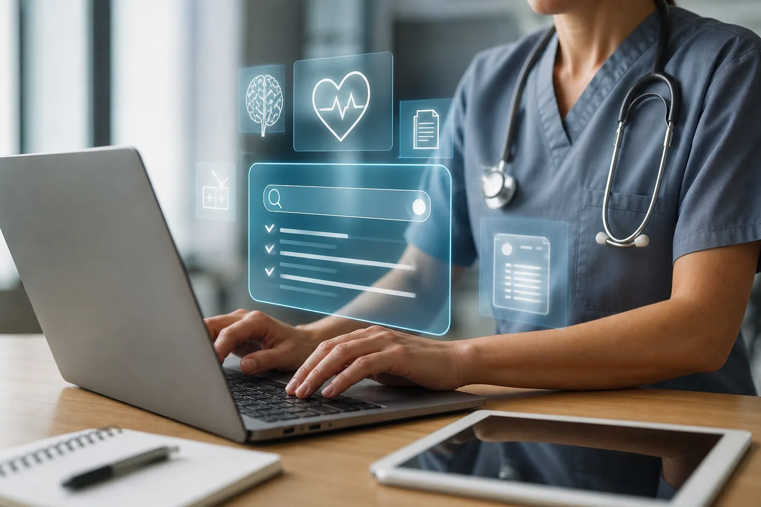 Clinician Using a Laptop With Medical Search Graphics Clinician in gray scrubs types on a laptop beneath floating medical search graphics, with a tablet and notebook on the desk.