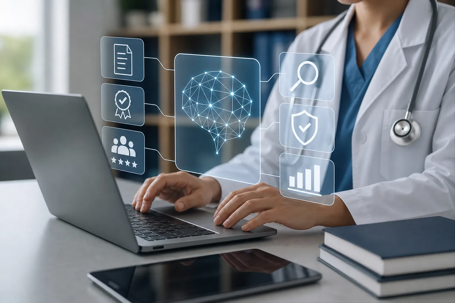 Healthcare AI Search and Analytics at a Laptop Clinician using a laptop beneath floating graphics of a networked brain, search icon, shield, documents, and analytics.