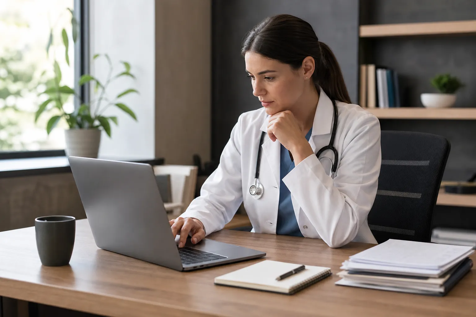Doctor Reviewing a Laptop at an Office Desk A doctor wearing a white coat and stethoscope studies a laptop at a wooden desk with stacked papers, a notebook, and a mug.