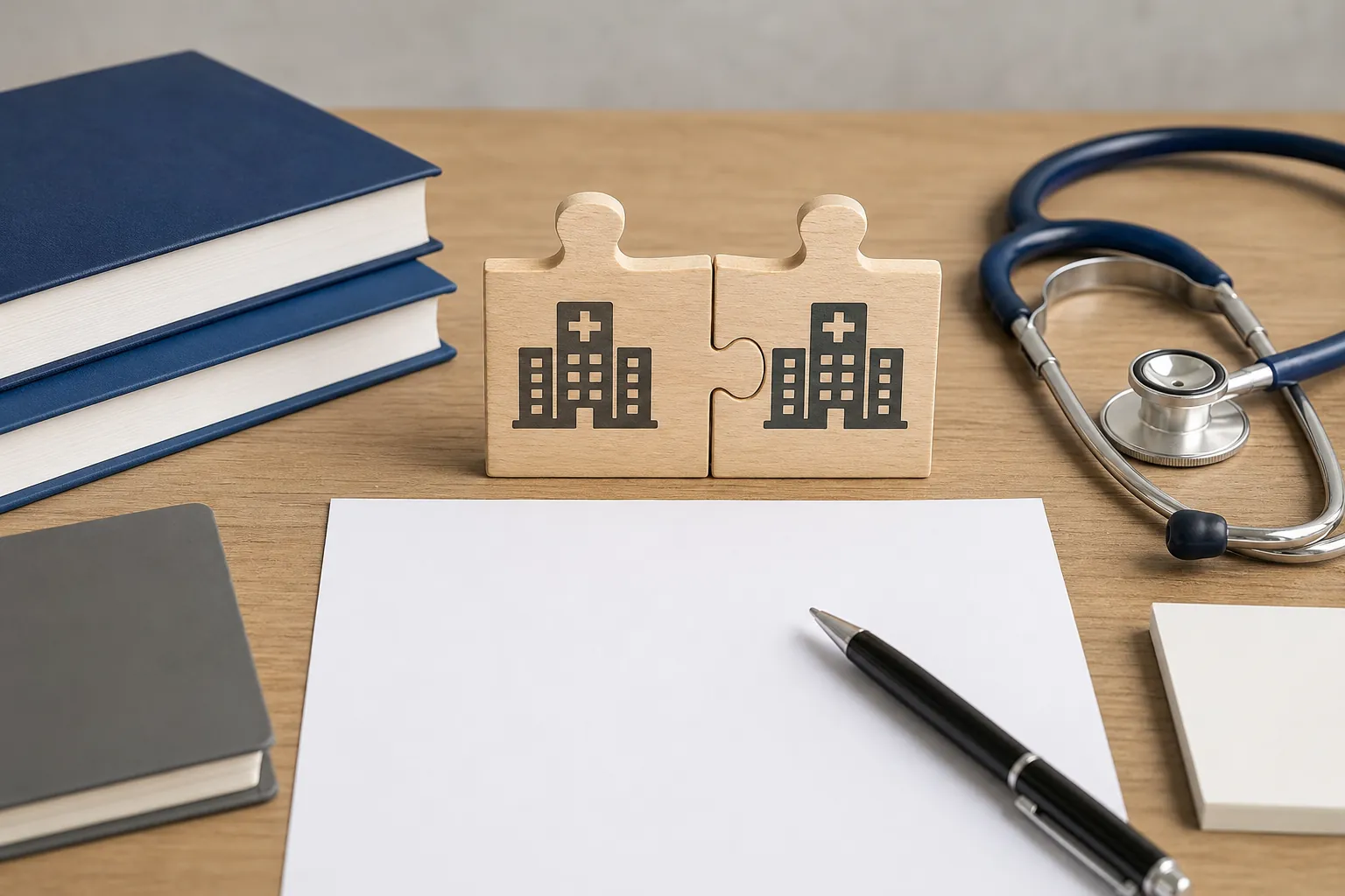 Two joined wooden puzzle pieces with hospital symbols on a desk beside a stethoscope, books, blank paper and a pen.