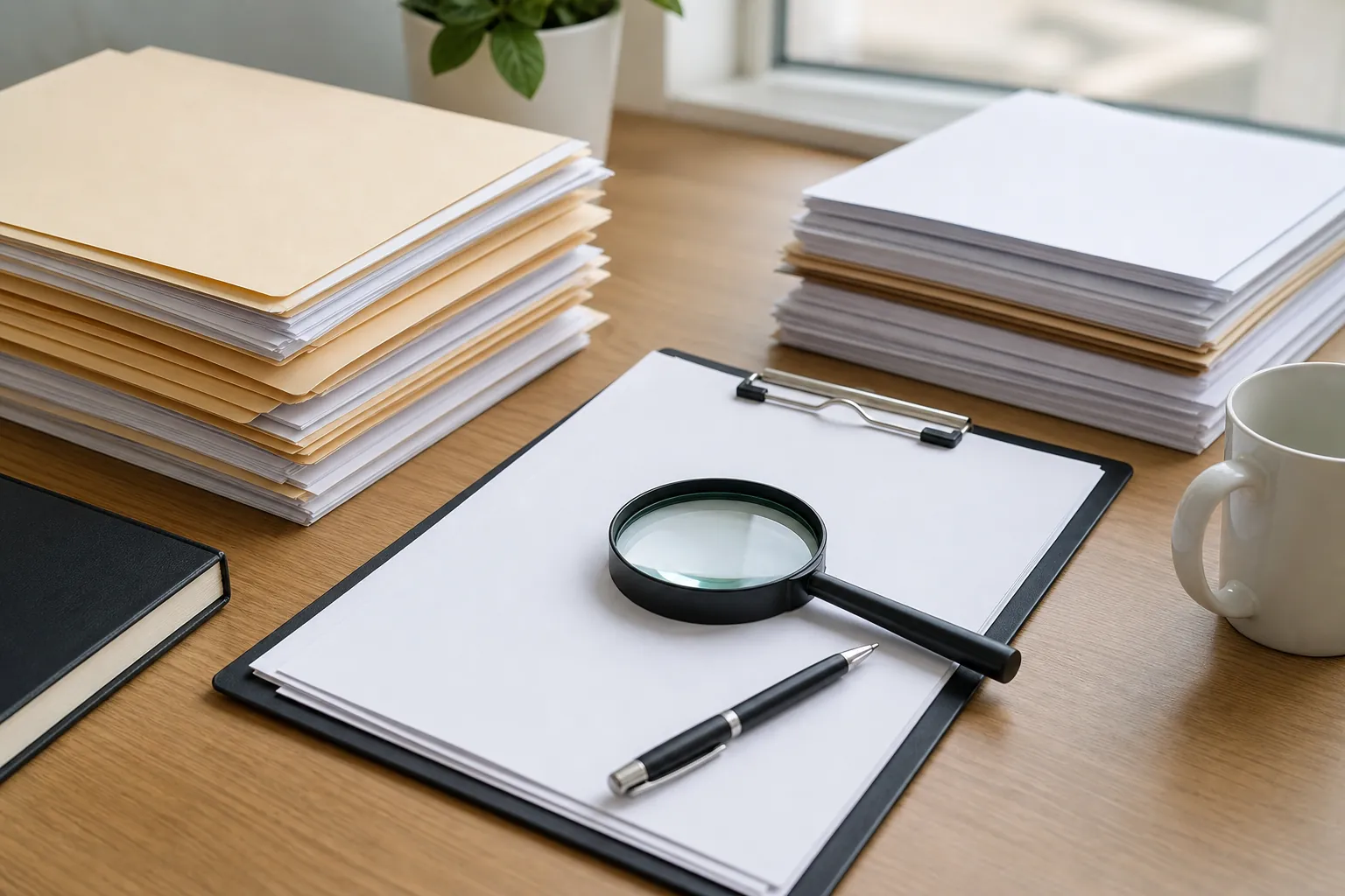 A magnifying glass and pen rest on a blank clipboard beside stacks of papers and folders on a wooden desk.