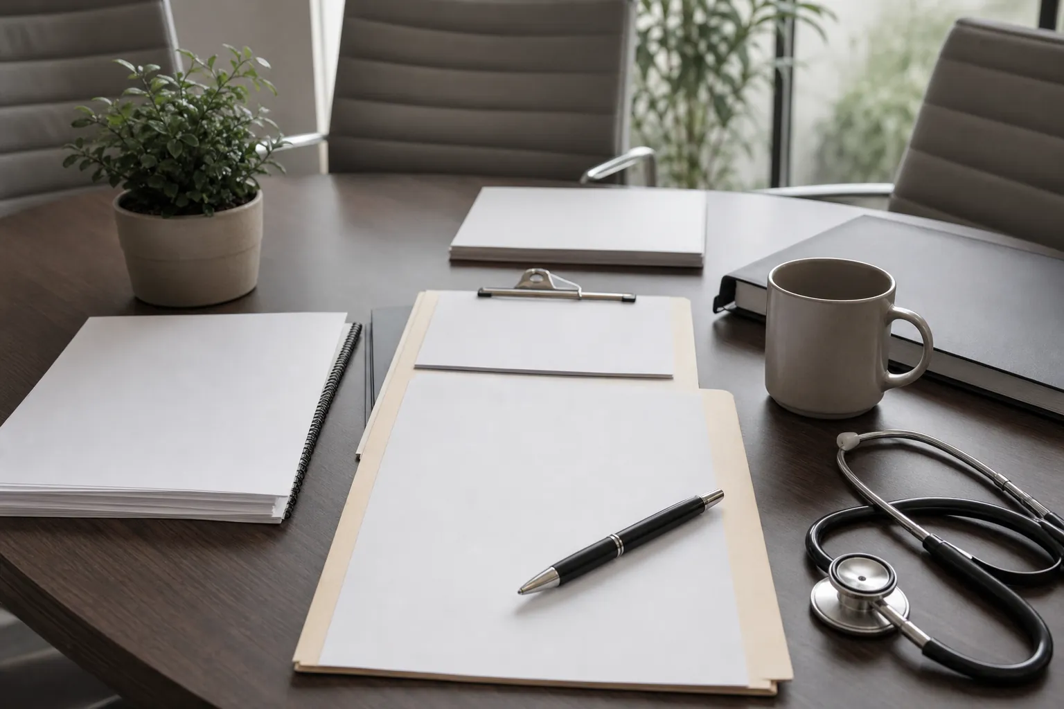 A conference table with blank papers, a clipboard, pen, stethoscope, coffee mug, notebooks and a potted plant.