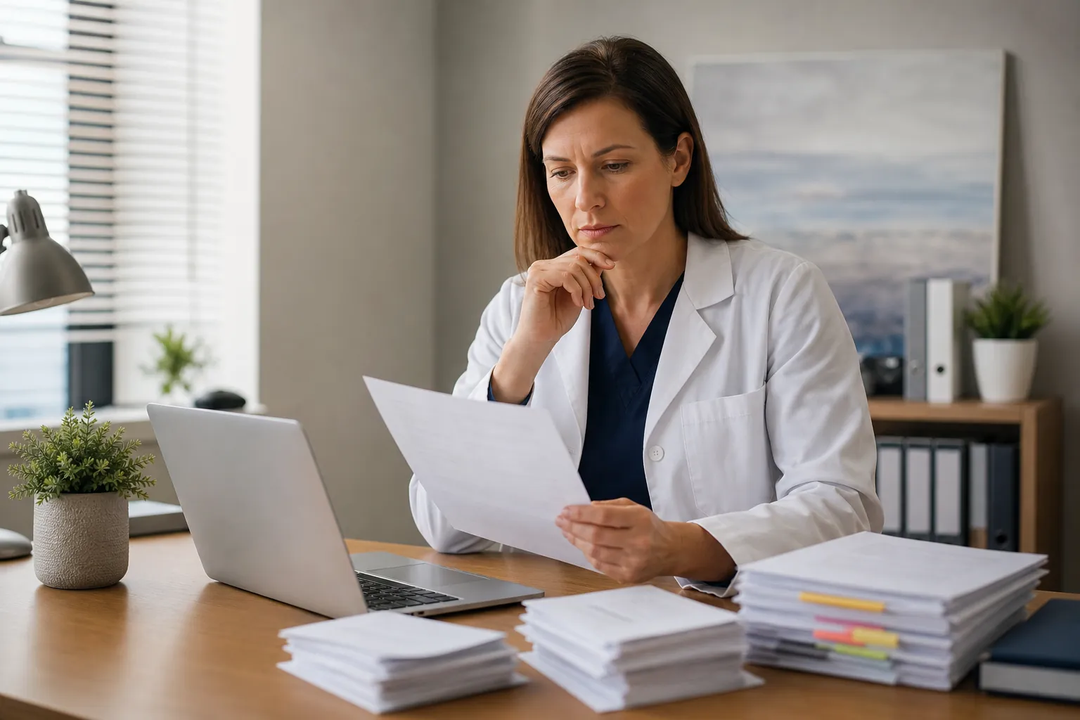 A woman in a white medical coat reviews a paper at a desk with an open laptop and stacks of documents with colored tabs.