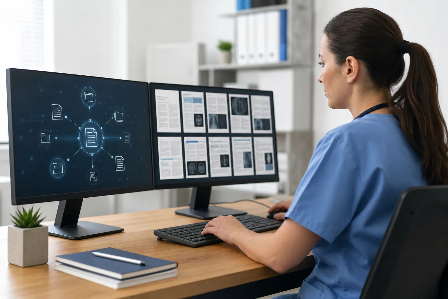 A woman in blue scrubs works at dual monitors showing a document network diagram and medical pages with scan thumbnails.