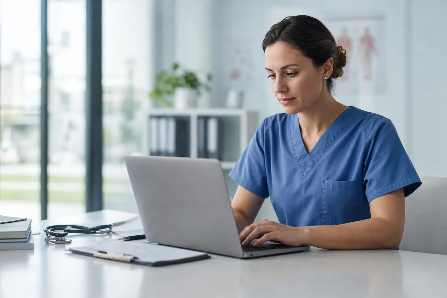 A woman in blue medical scrubs uses a laptop at a white desk with a stethoscope, books, and a clipboard.