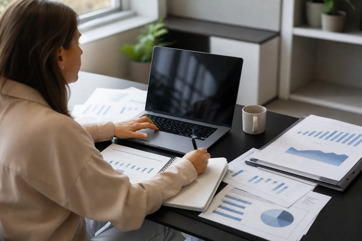 Reviewing Printed Charts Beside a Laptop A woman sits at a desk with an open laptop, holding a pen over a notebook beside printed bar, line, and pie charts and a mug.