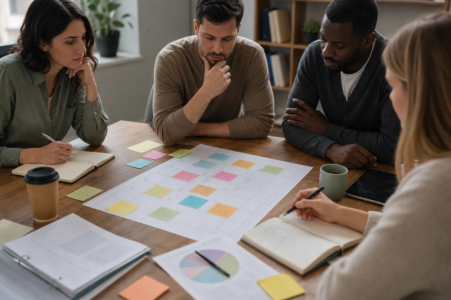 Four adults sit around a wooden table reviewing a paper planning grid with colorful sticky notes, notebooks, cups, a tablet, and printed charts.
