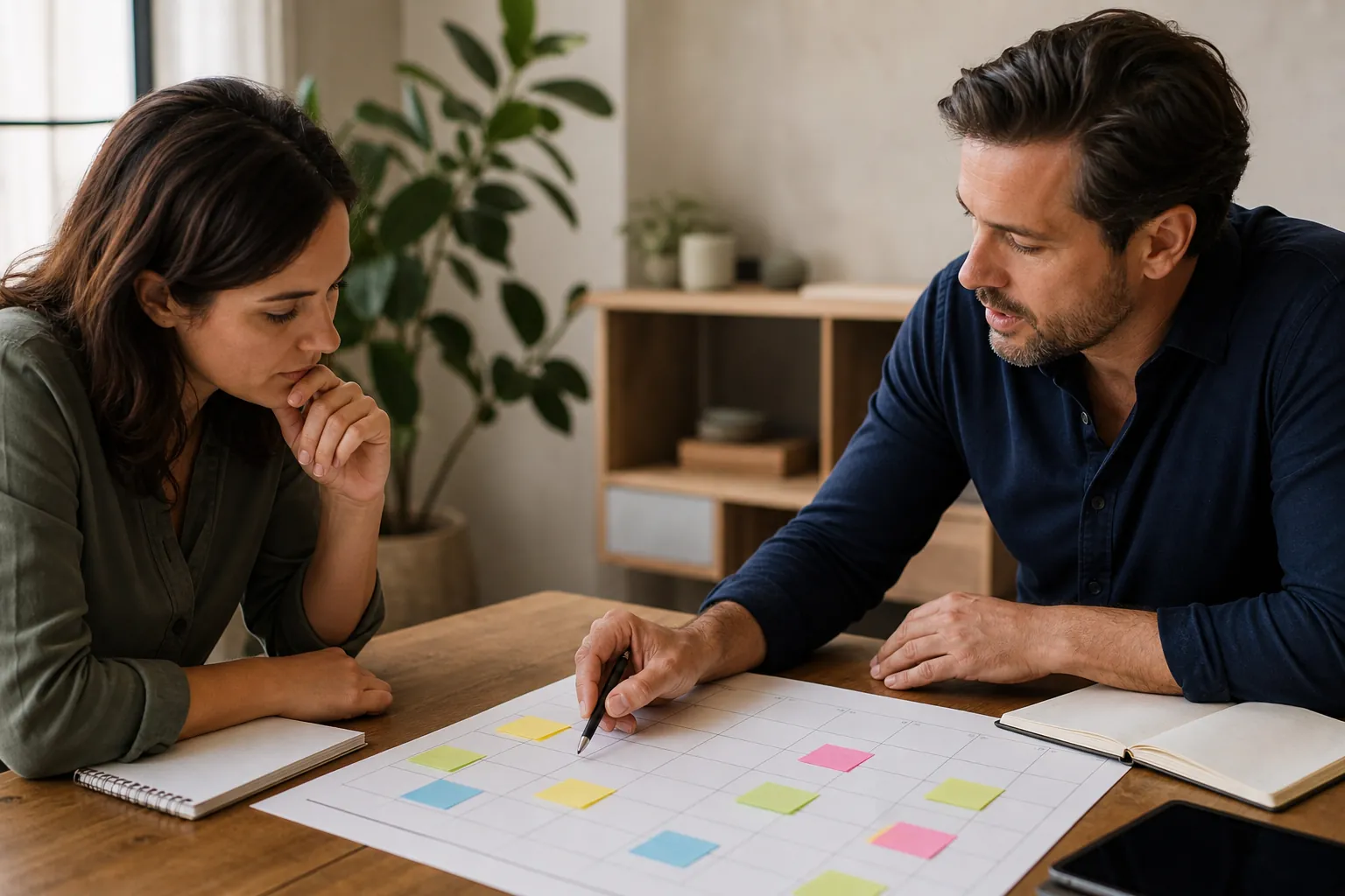 Collaborative Calendar Planning With Sticky Notes Two adults examine a paper planning grid with colorful sticky notes at a wooden table; one points with a pen, with open notebooks and a tablet nearby.