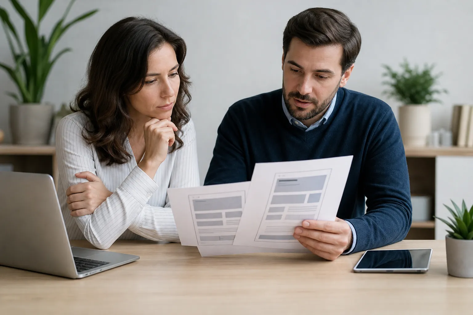 Two People Comparing Printed Website Layouts A woman and a man compare two printed website layouts at a wooden desk with an open laptop and a tablet.