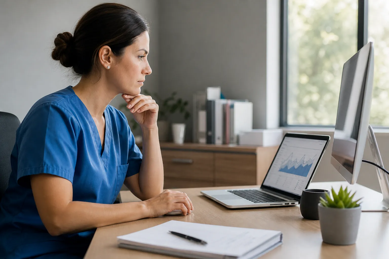 Healthcare Professional Reviewing Computer Analytics A woman in blue scrubs sits at a desk facing a desktop monitor, with an analytics chart displayed on a laptop.
