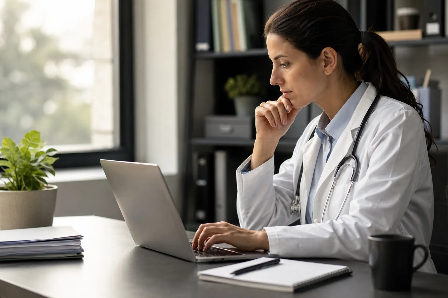 Doctor in a white coat and stethoscope uses a laptop at a desk with a notebook, pen, black mug, and potted plant.