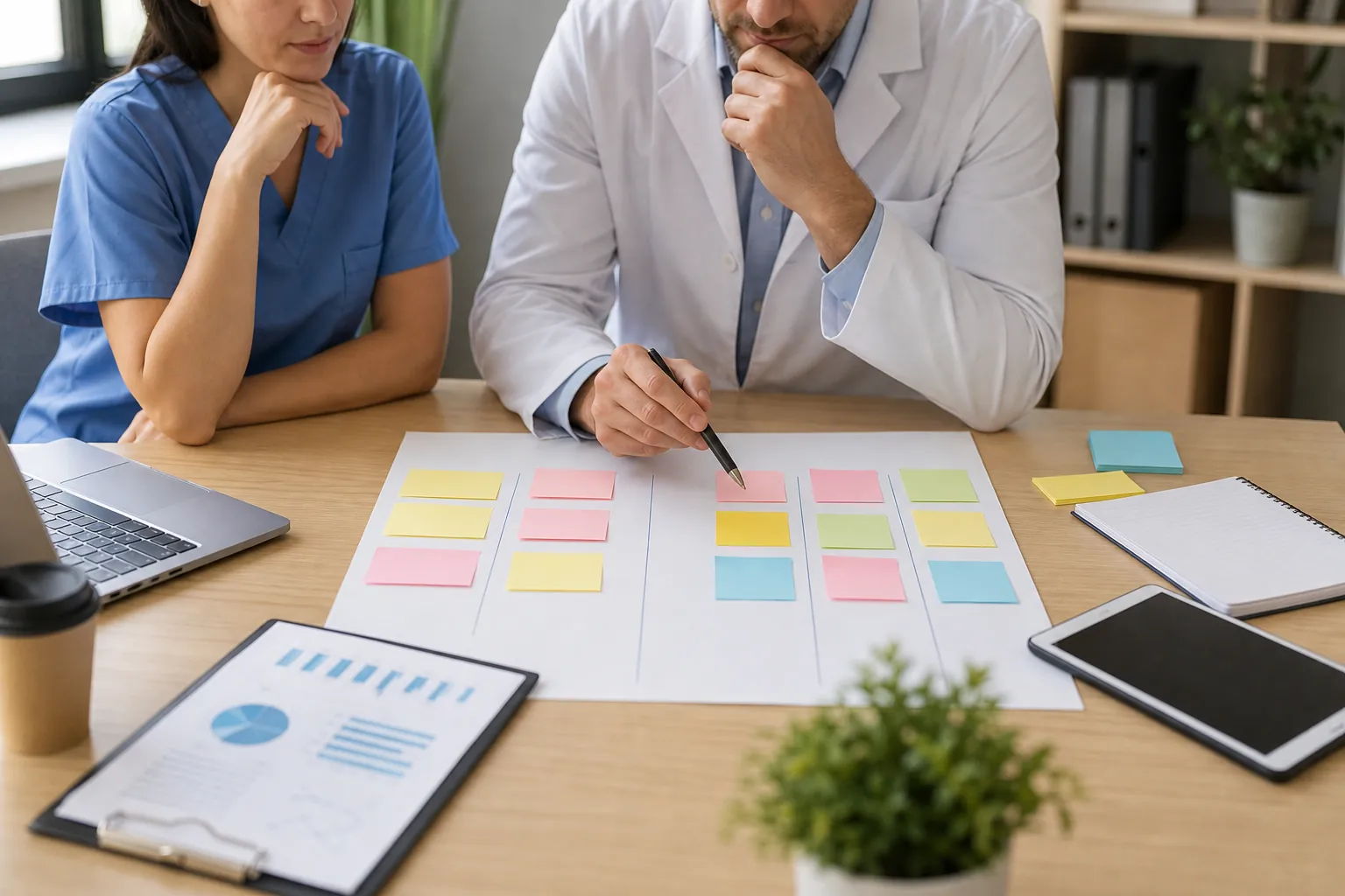 Two healthcare professionals review a planning sheet with colorful sticky notes beside a laptop, charts, and tablet.