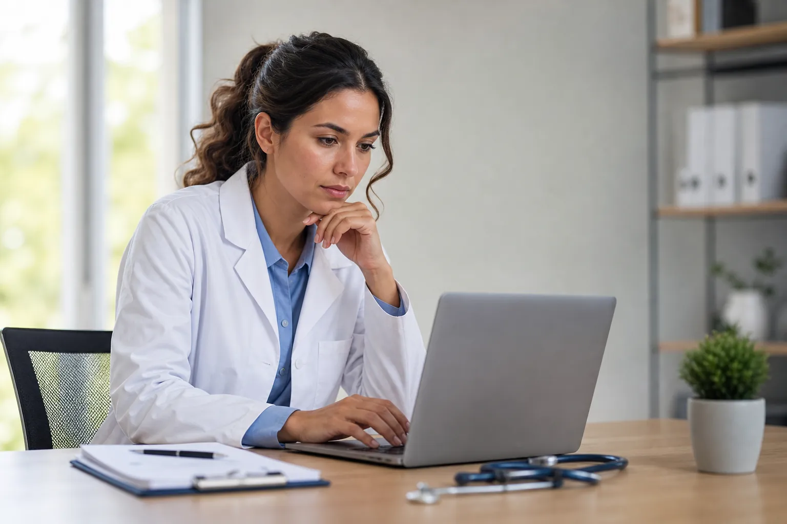 A woman in a white medical coat works on a laptop at a desk with a clipboard, stethoscope, and potted plant.