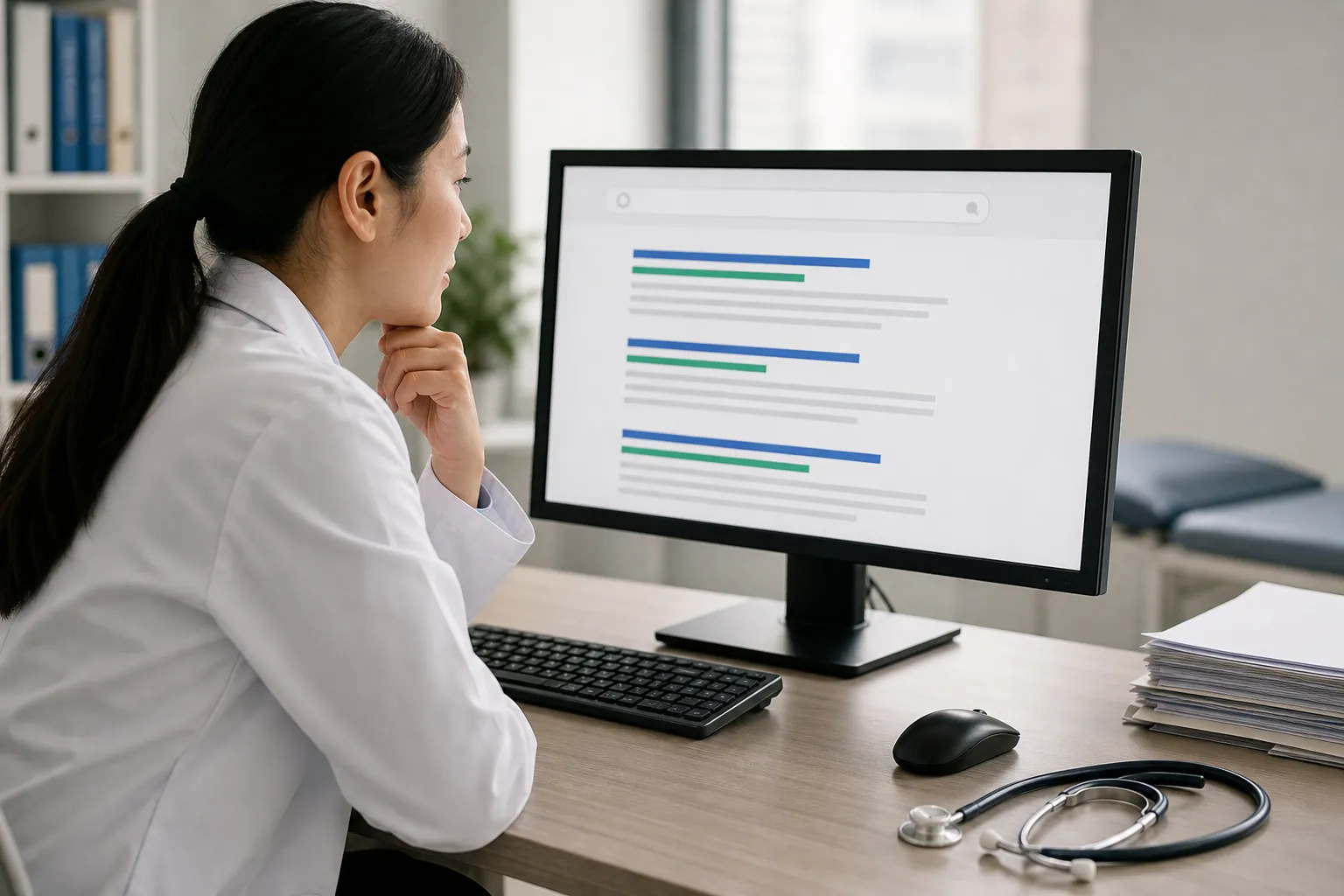 A woman in a white coat views stylized search results on a desktop monitor, with a stethoscope and papers on the desk.