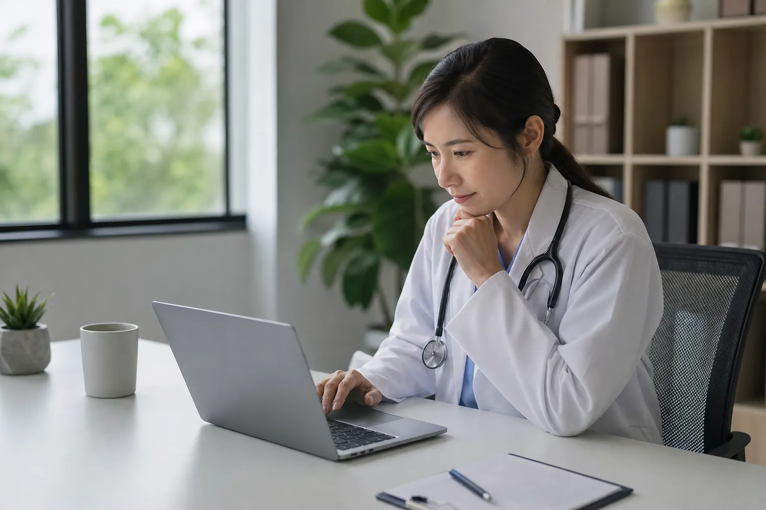 A doctor wearing a white coat and stethoscope studies a laptop, resting her chin on one hand at a desk.
