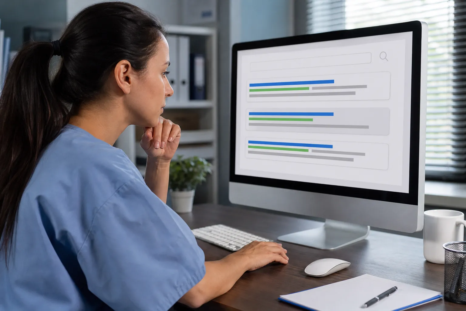 A woman in blue scrubs studies stylized search results on a desktop monitor, resting one hand beneath her chin.