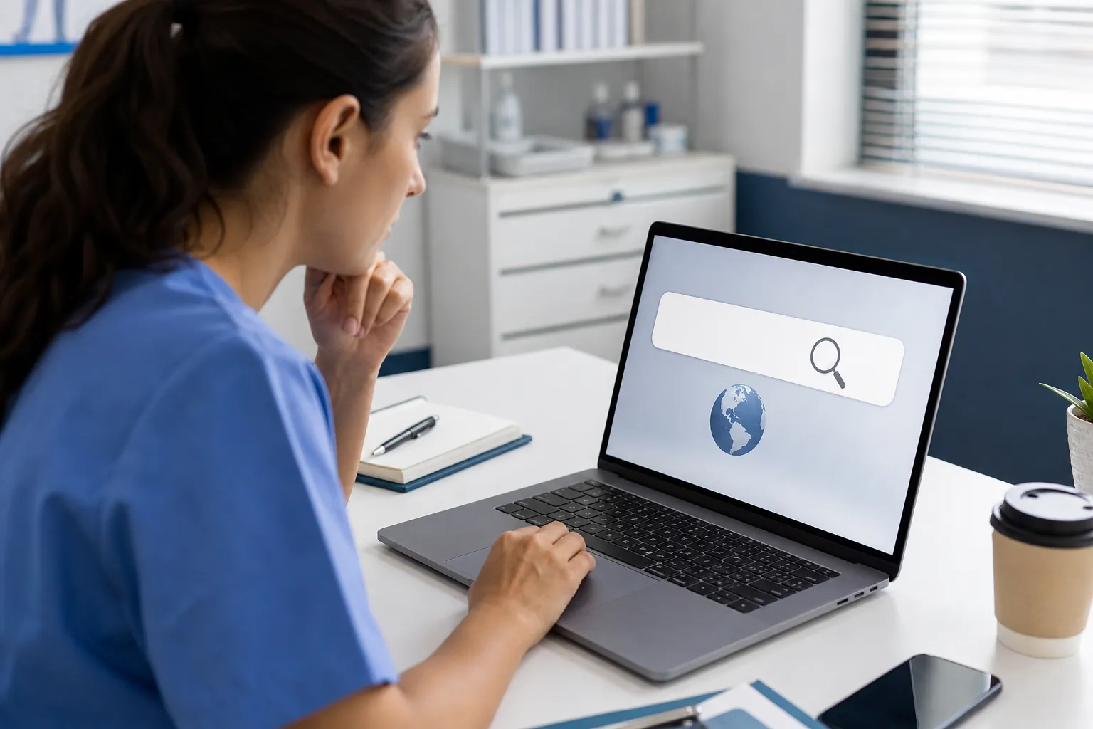 A woman in blue scrubs uses a laptop displaying a blank search bar and globe at a desk in a clinical office.