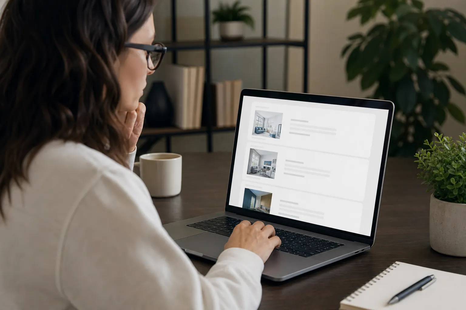 A woman wearing glasses reviews a list of webpage previews on a laptop at a desk with plants, a mug, and a notebook.