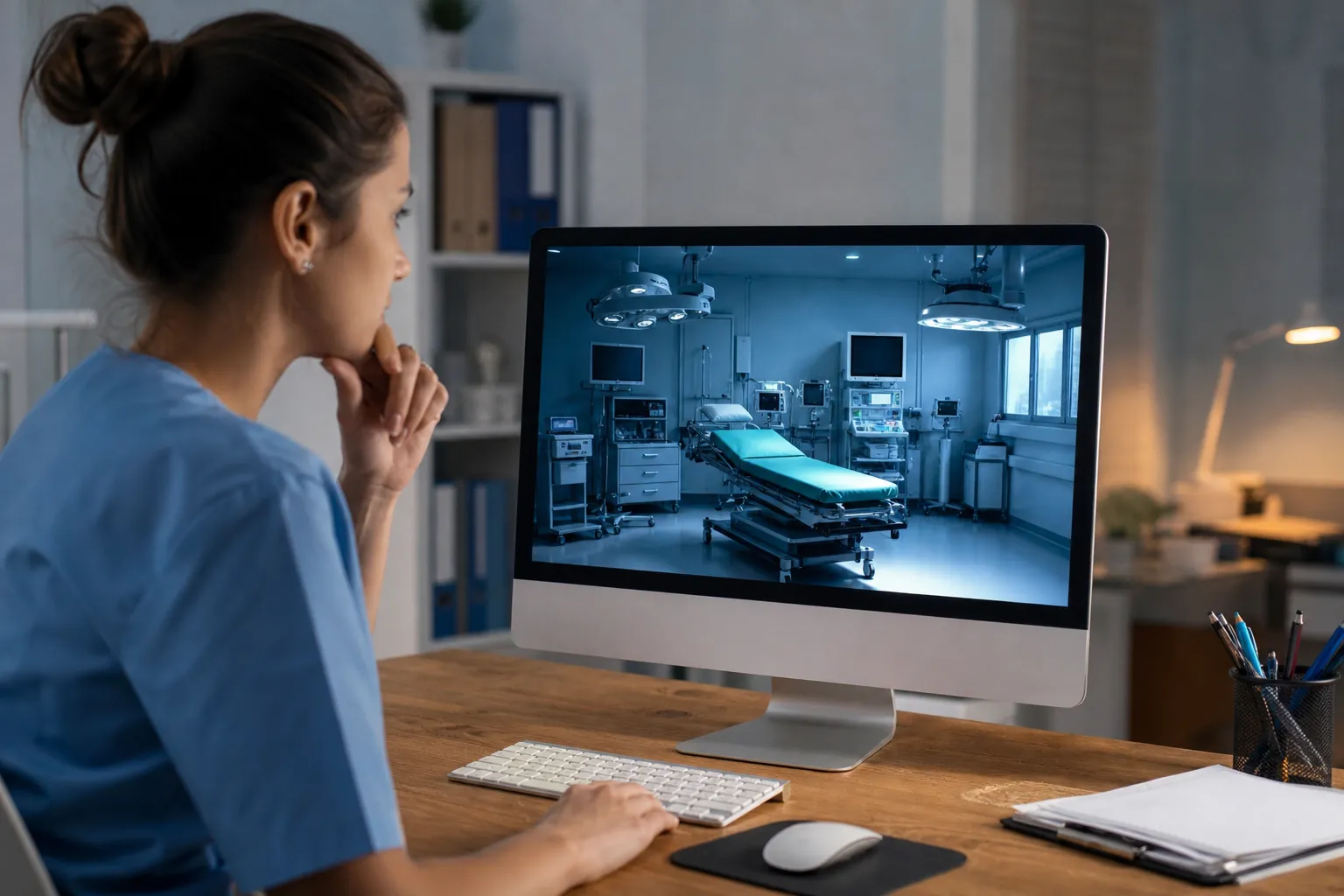 A woman in blue scrubs sits at a desk viewing an operating room with a surgical table on a desktop monitor.