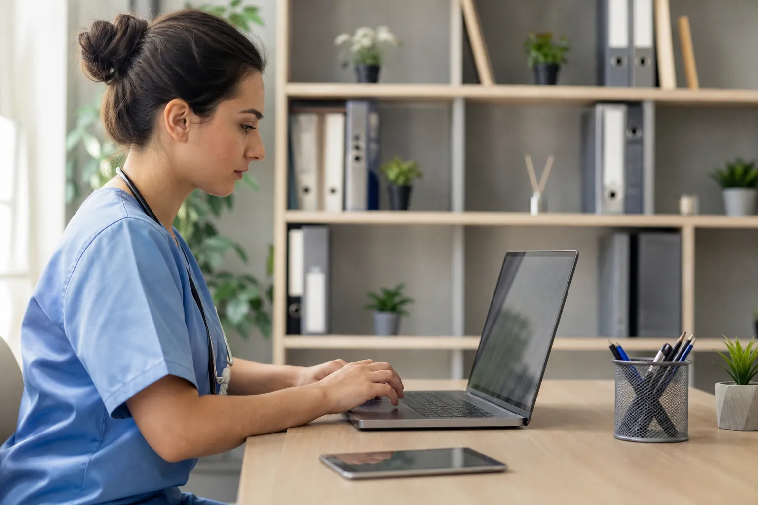 A healthcare worker in blue scrubs and a stethoscope uses a laptop at a wooden desk with a tablet and pen holder.