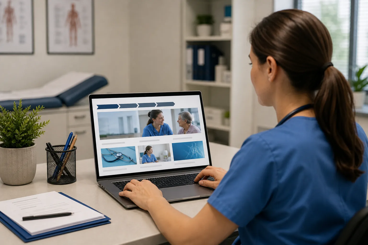 A healthcare worker in blue scrubs uses a laptop displaying medical photos and a row of breadcrumb-style navigation arrows.