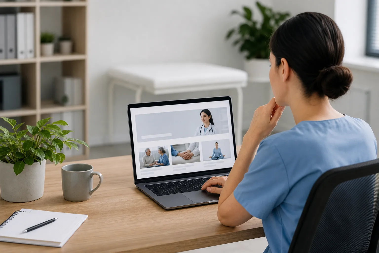 A woman in blue scrubs views a healthcare website on a laptop at a wooden desk in a clinical office.