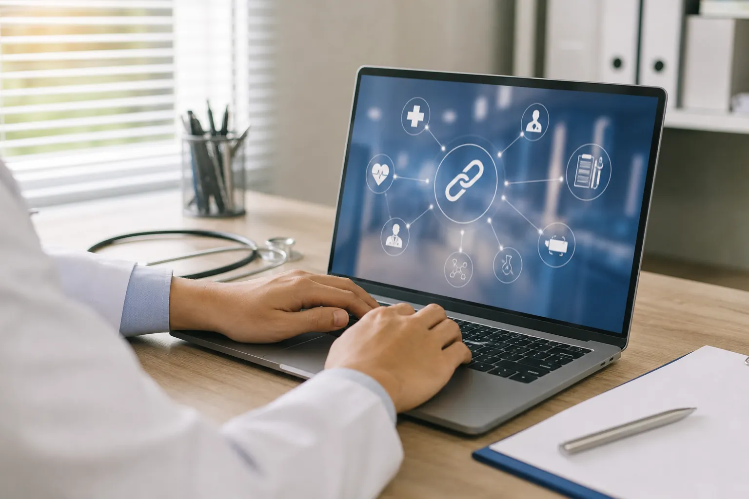 Person in a white coat using a laptop displaying linked healthcare icons, with a stethoscope and clipboard on the desk.